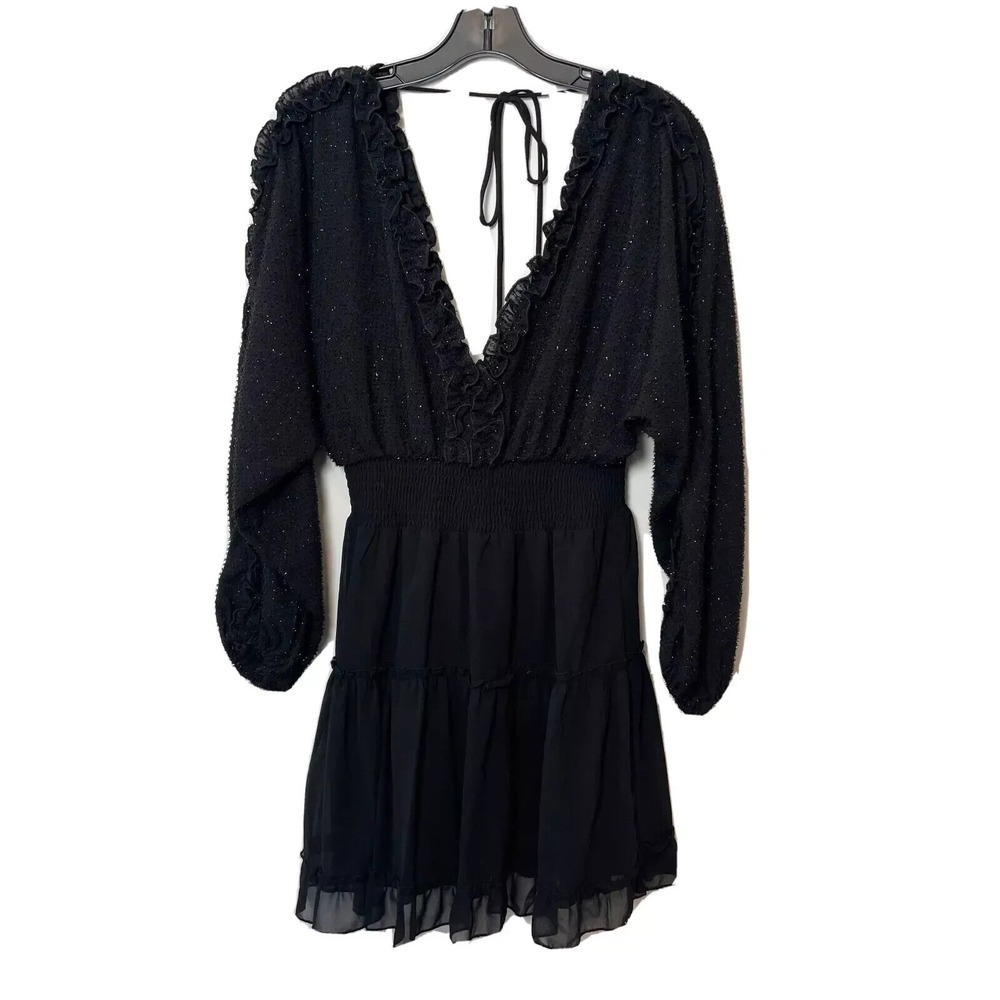 Franco A-line Mini Dress Womens Size S Long Sleeve Black Ruffle Embellished